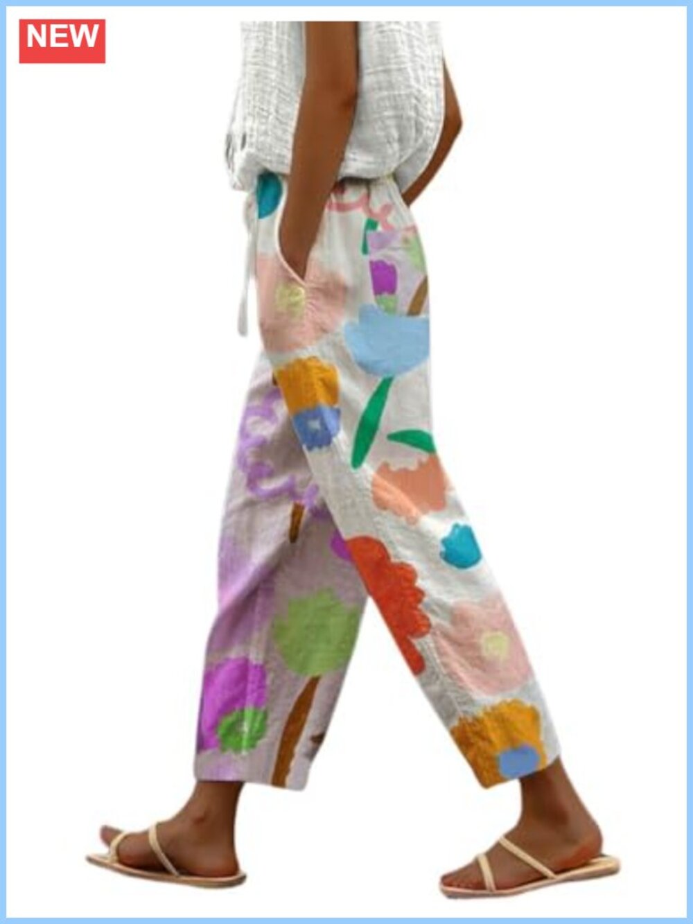 Vintage Floral Print Wide Leg Capri Pants with Pockets High Elastic Waist